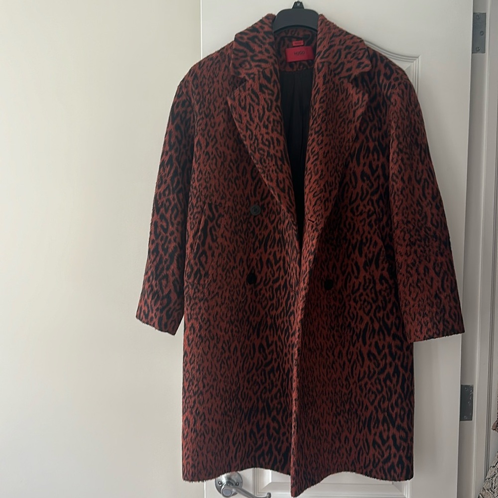 Huge Hugo boss leopard wool coat brushed hair size 6UK